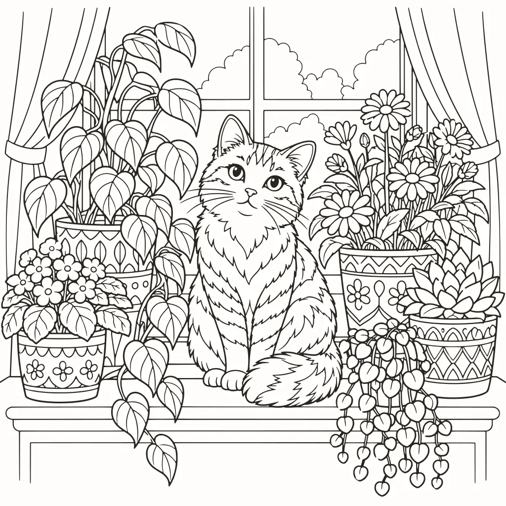 Coloriage chat au jardin, dessin au trait à imprimer