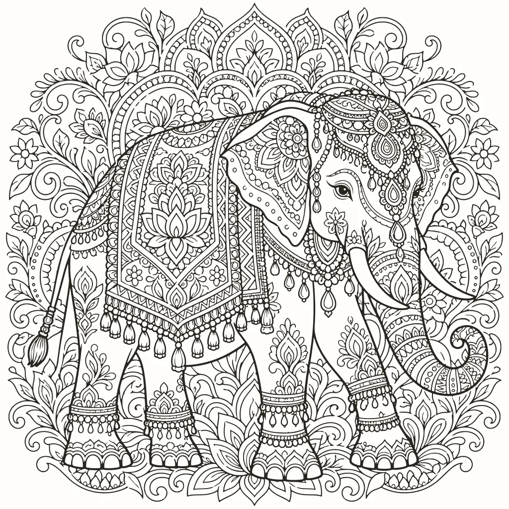 Coloriage éléphant paré, dessin au trait à imprimer