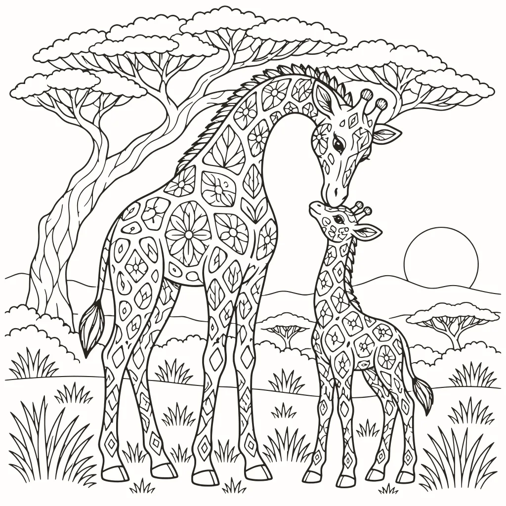 Coloriage girafes, dessin au trait à imprimer