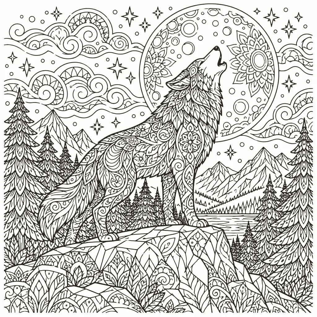 Ausmalbild Wolf und Mond, Linienzeichnung zum Ausdrucken