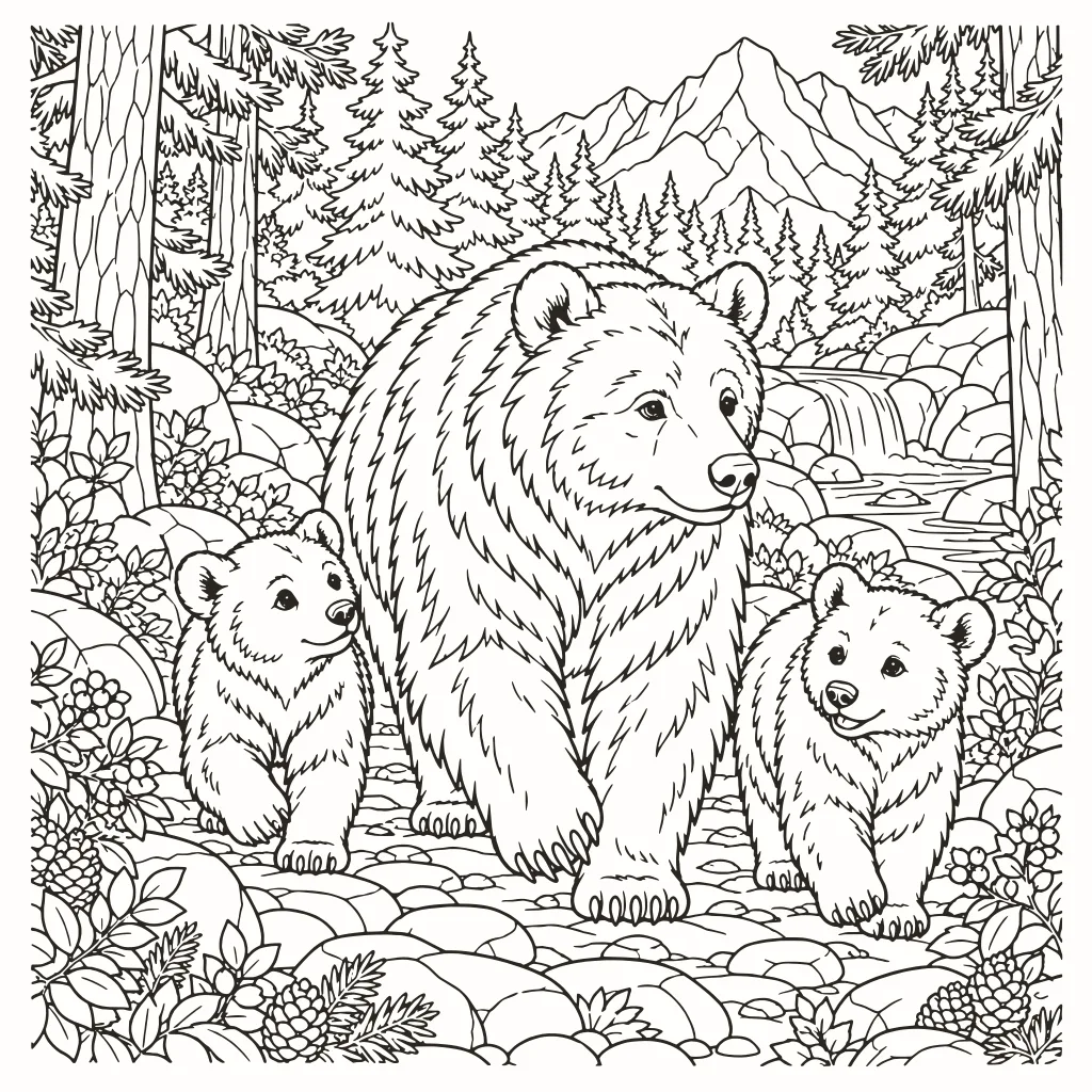 Coloriage ours et ses oursons, dessin au trait à imprimer