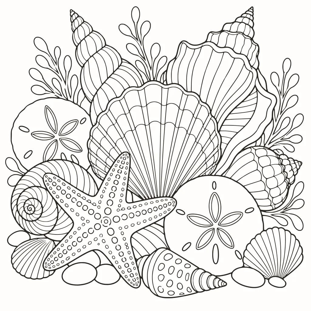 Conchiglie da colorare, disegno al tratto da stampare