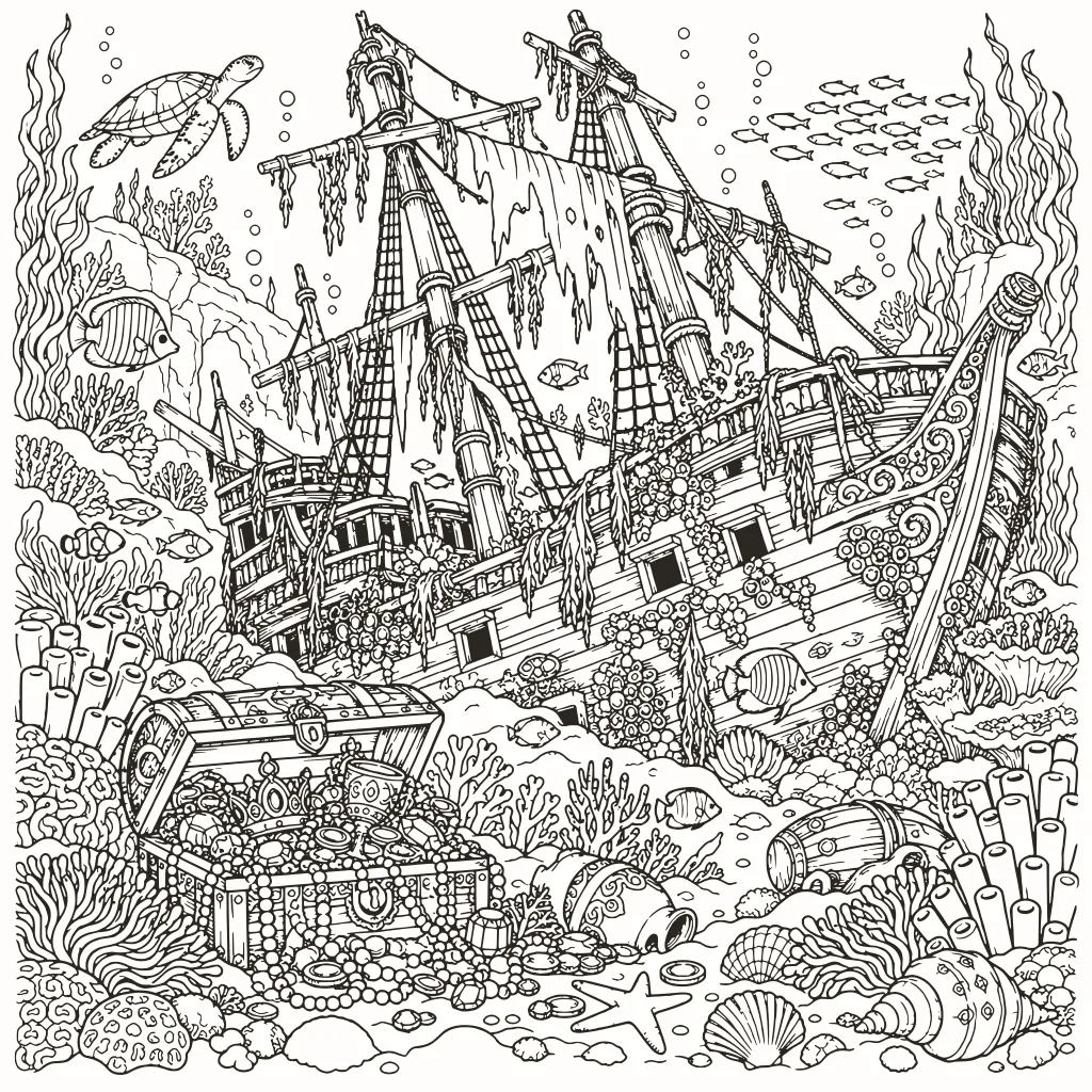 Coloriage épave engloutie, dessin au trait à imprimer