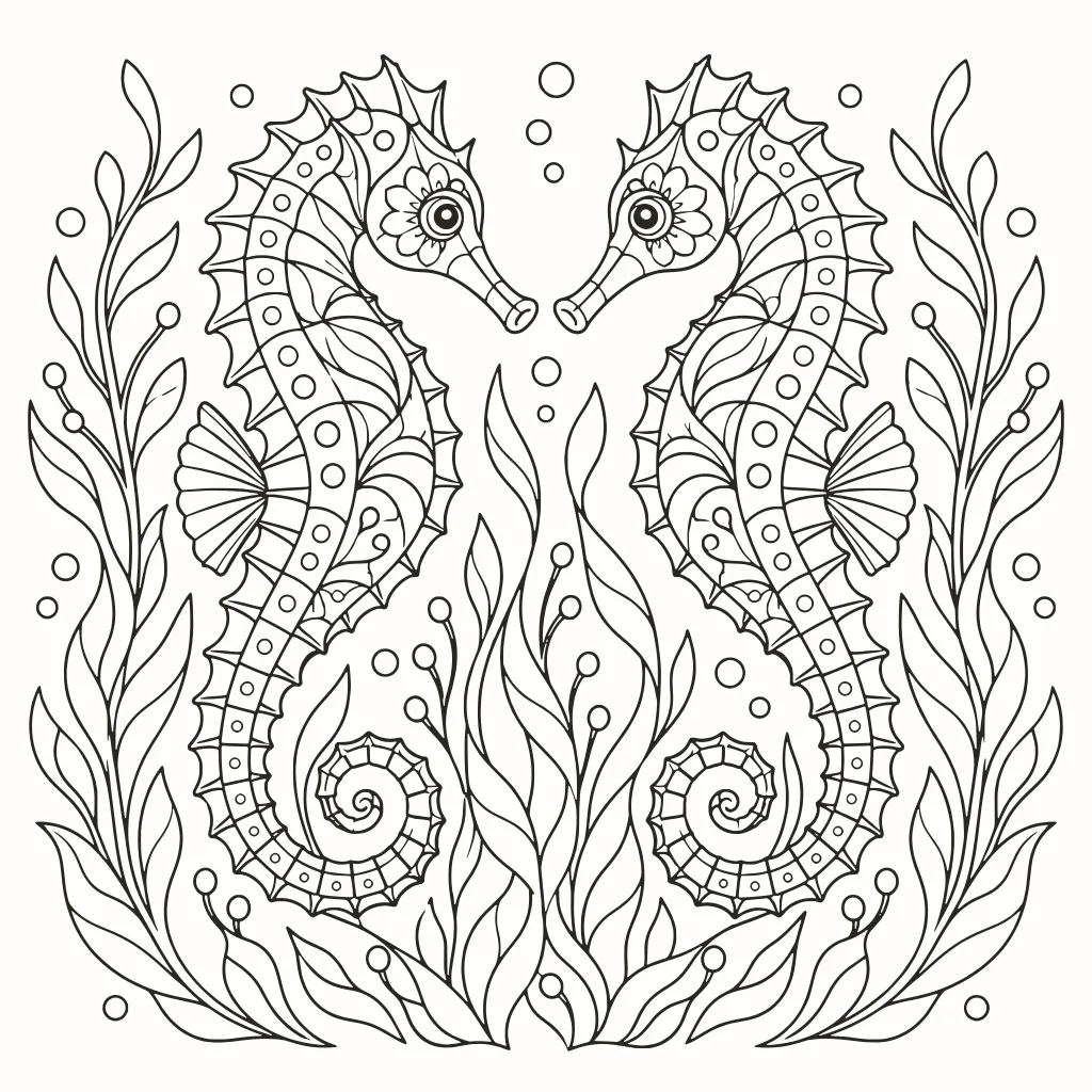 Caballitos de mar para colorear, dibujo de líneas para imprimir