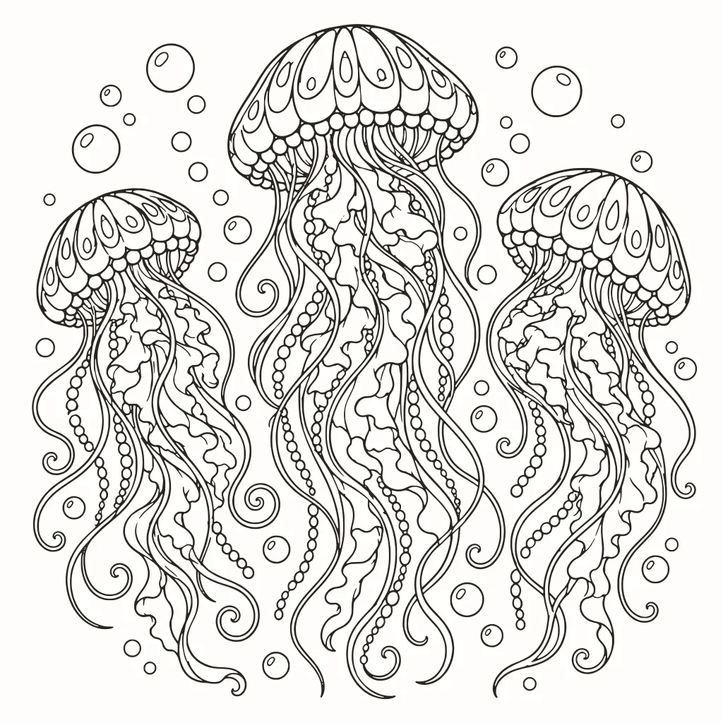 Meduse danzanti da colorare, disegno al tratto da stampare