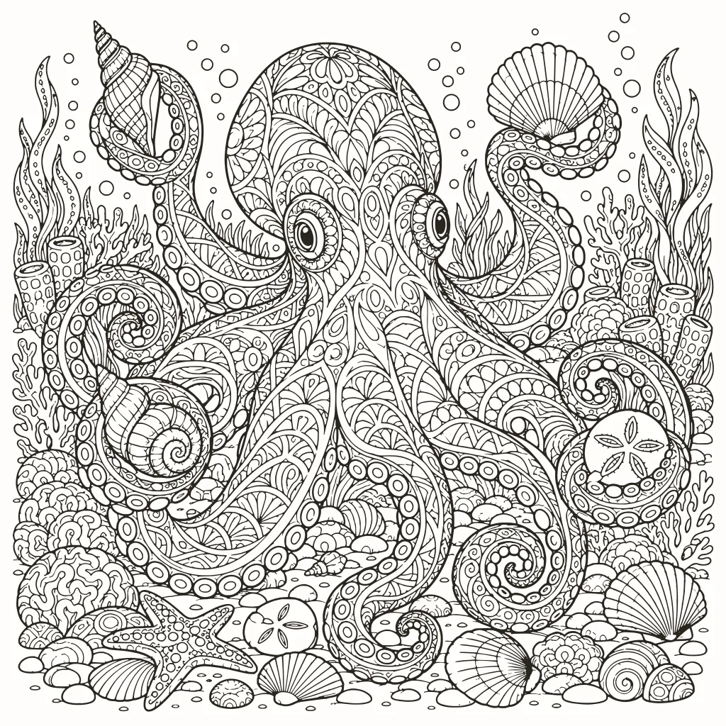 Ausmalbild Neugieriger Oktopus, Linienzeichnung zum Ausdrucken