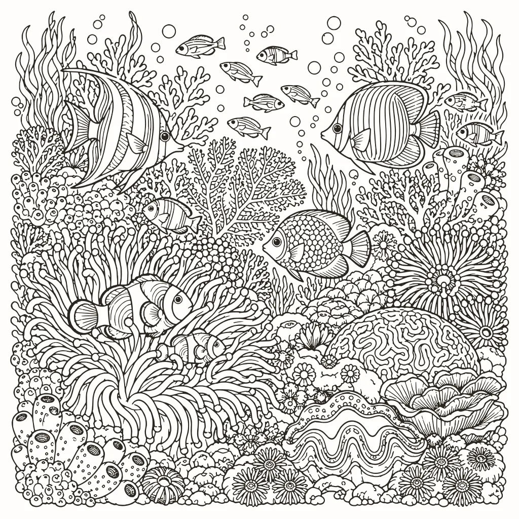 Coral reef coloring page, line art to print