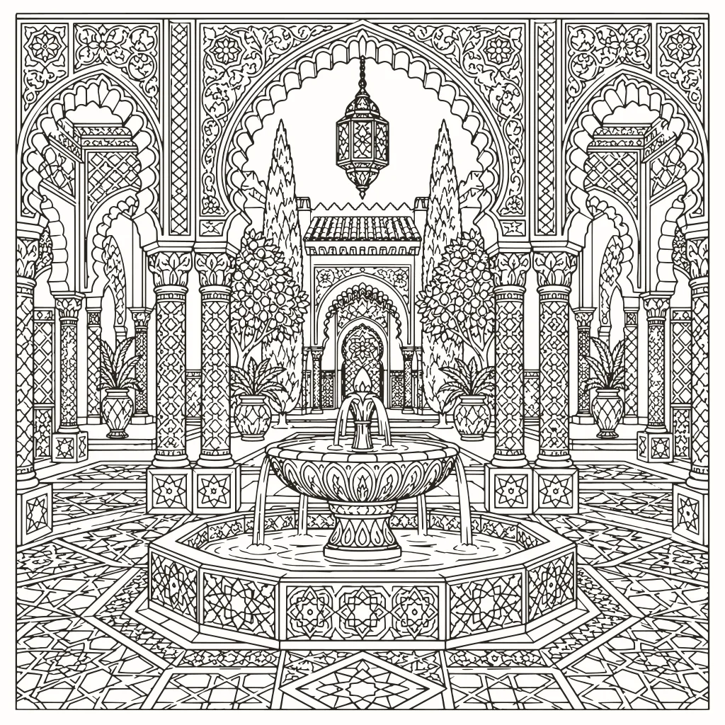 Moorish arches coloring page, line art to print