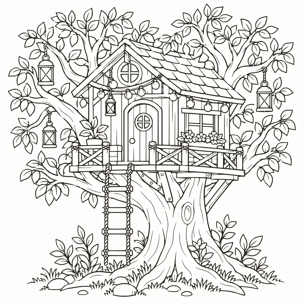 Coloriage cabane dans l'arbre, dessin au trait à imprimer