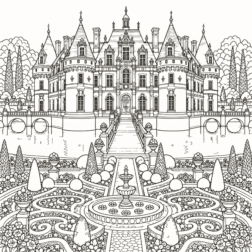 Coloriage château de la Loire, dessin au trait à imprimer