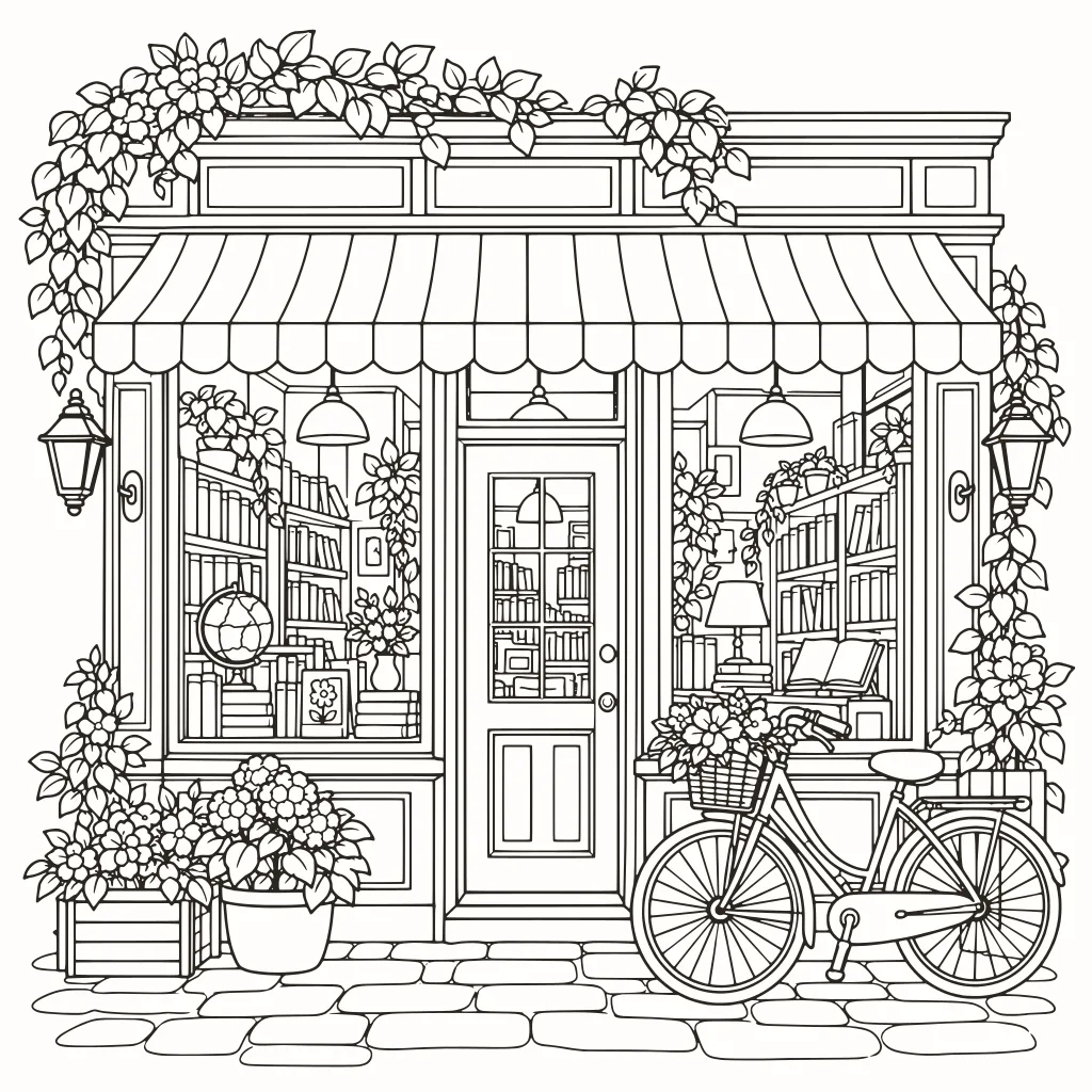 Coloriage devanture de librairie, dessin au trait à imprimer