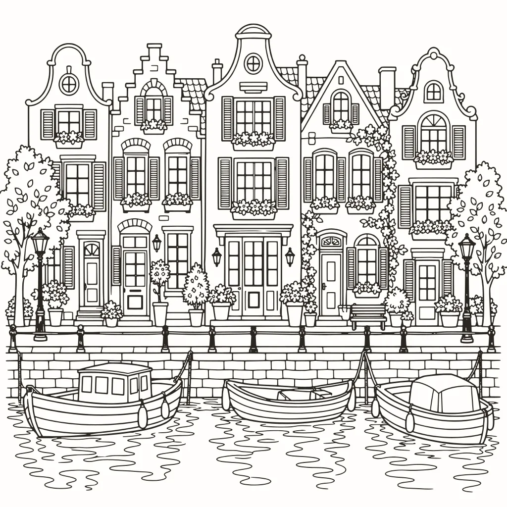 Coloriage maisons de Burano, dessin au trait à imprimer