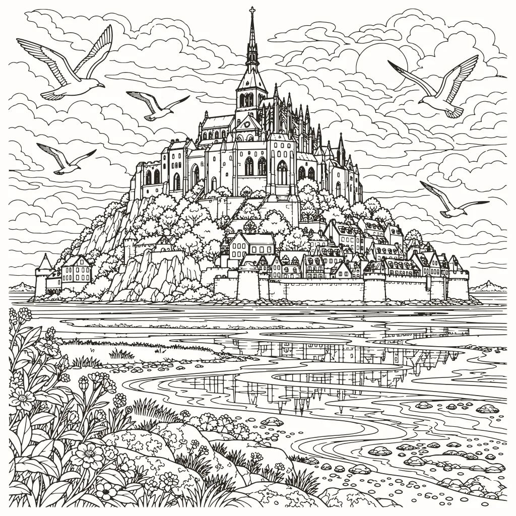 Ausmalbild Mont-Saint-Michel, Linienzeichnung zum Ausdrucken