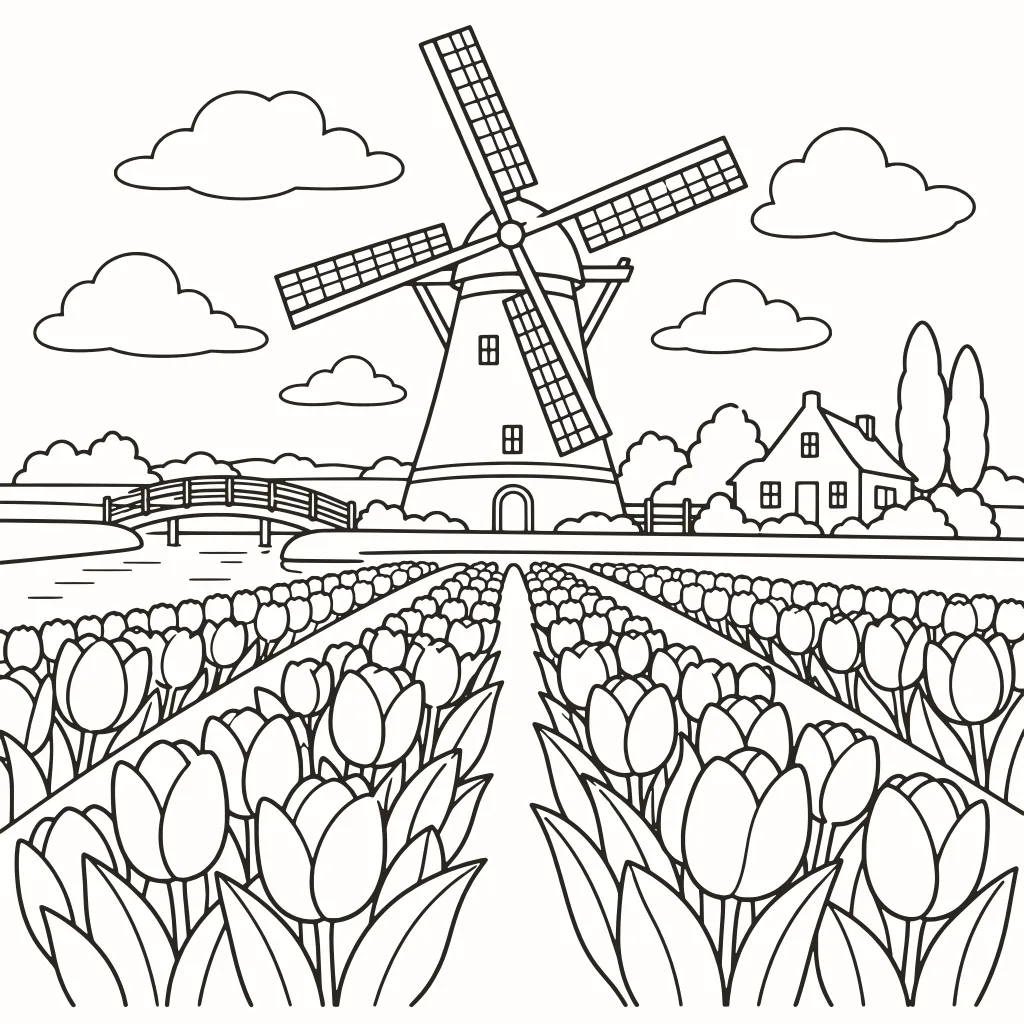 Coloriage moulin à vent, dessin au trait à imprimer