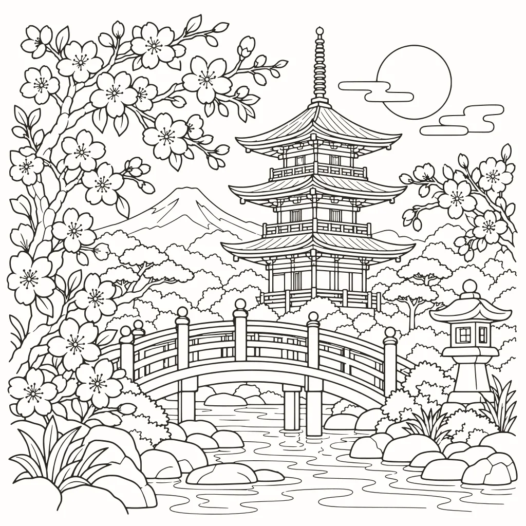 Coloriage pagode japonaise, dessin au trait à imprimer