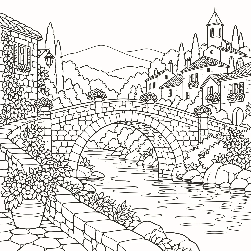 Ausmalbild Steinbrücke, Linienzeichnung zum Ausdrucken