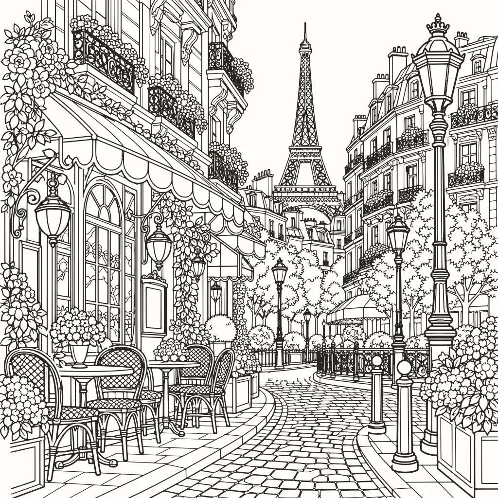 Via di Parigi da colorare, disegno al tratto da stampare