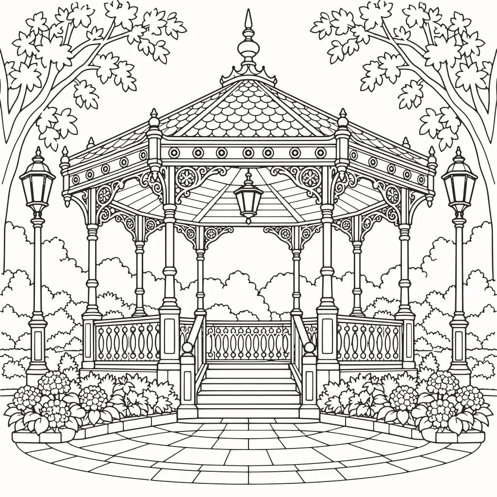 Coloriage kiosque à musique, dessin au trait à imprimer