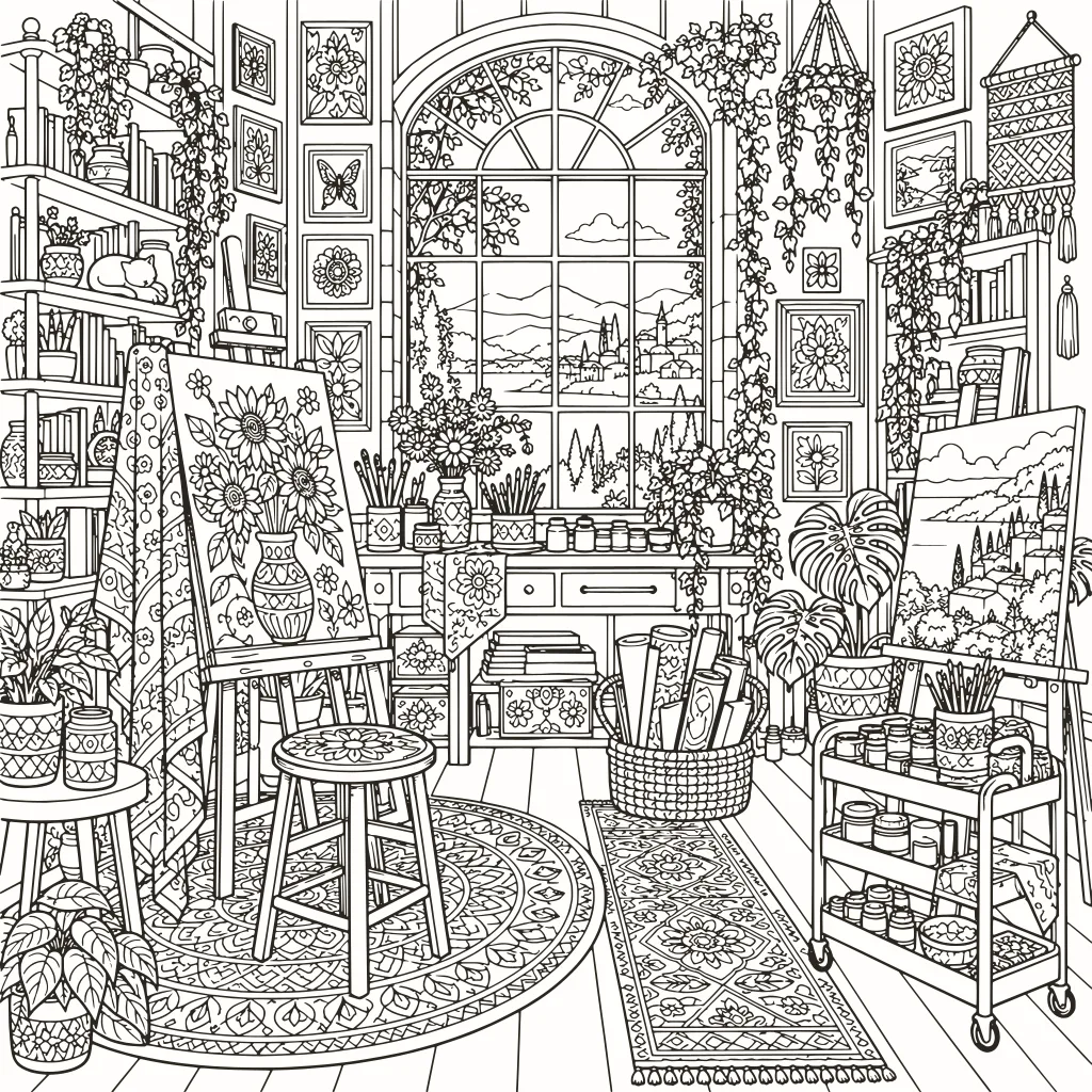 Atelier d’artista da colorare, disegno al tratto da stampare