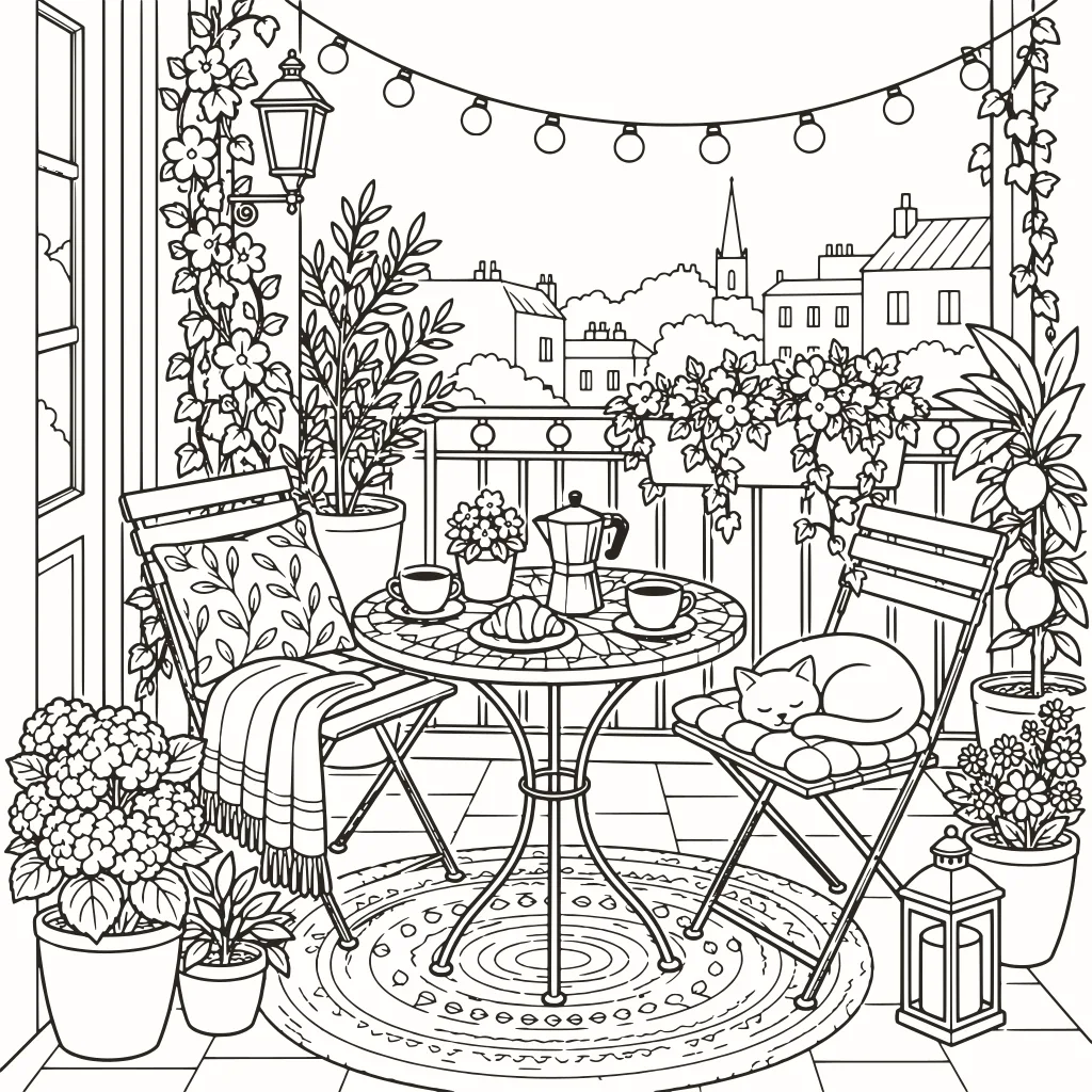 Coloriage balcon fleuri, dessin au trait à imprimer