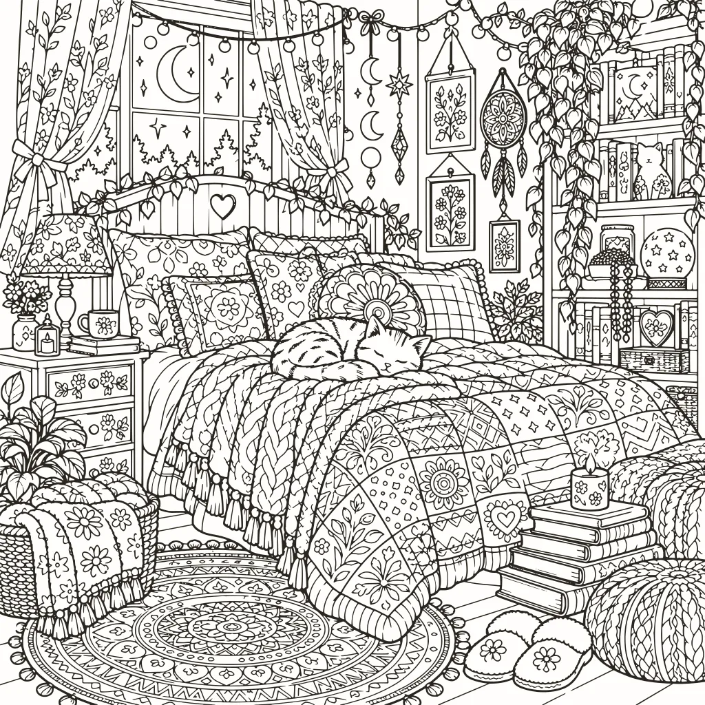 Coloriage chambre douillette, dessin au trait à imprimer
