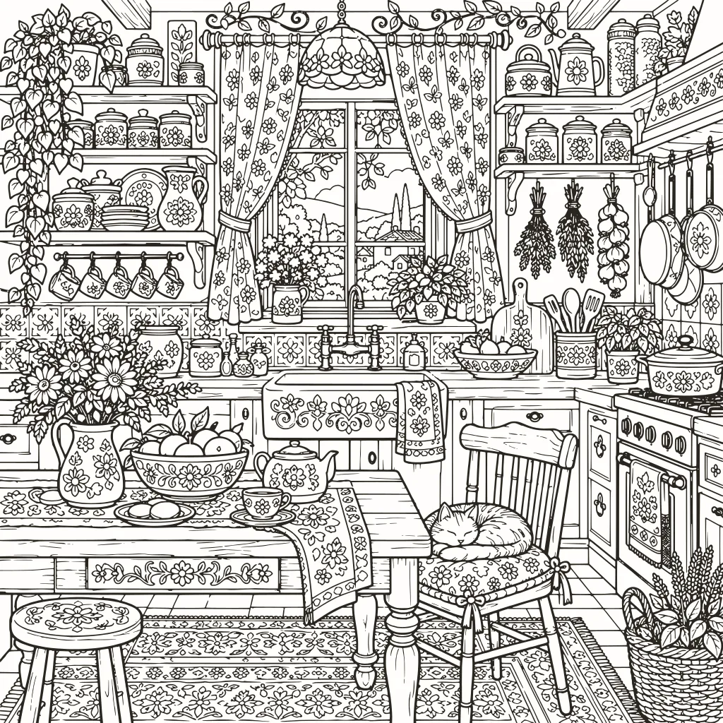 Grandma’s kitchen coloring page, line art to print