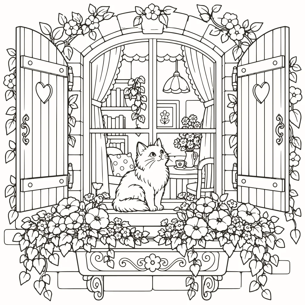 Coloriage fenêtre fleurie, dessin au trait à imprimer