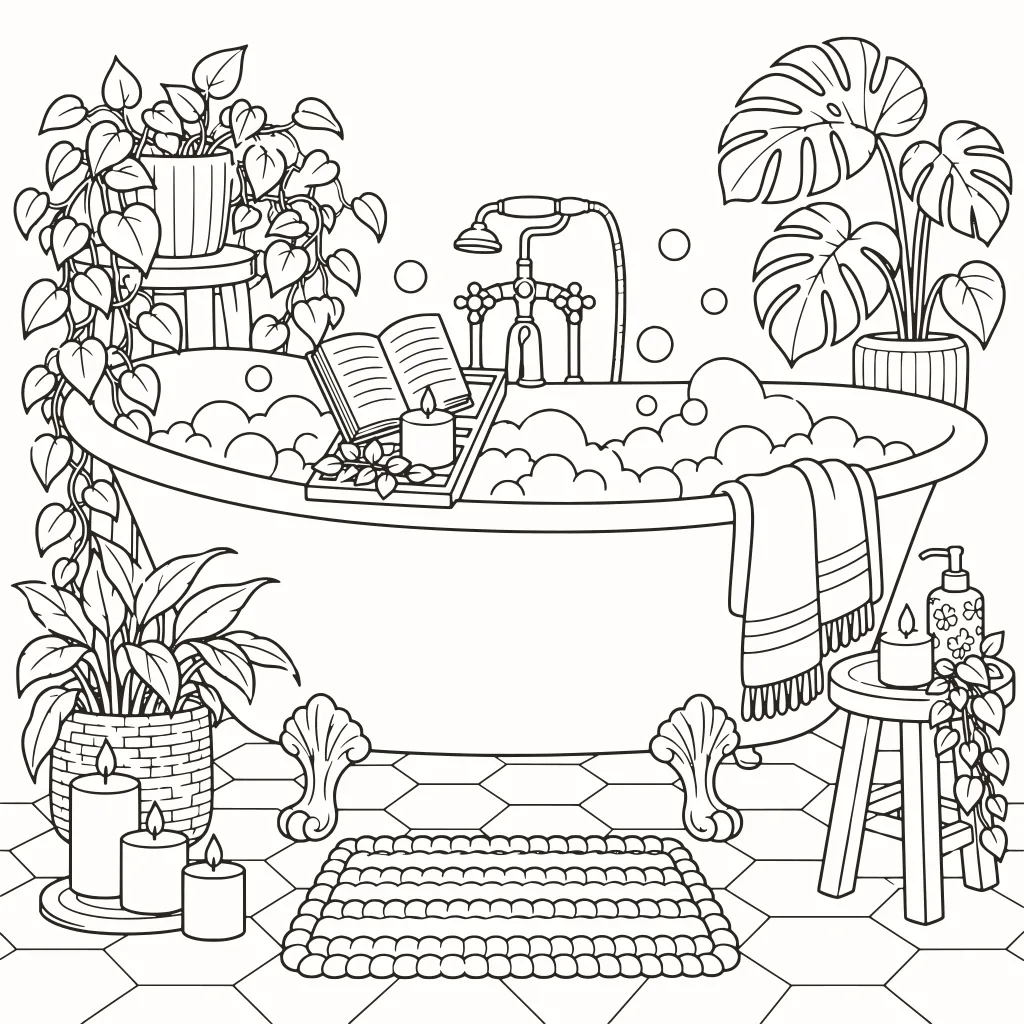 Bagno di schiuma da colorare, disegno al tratto da stampare