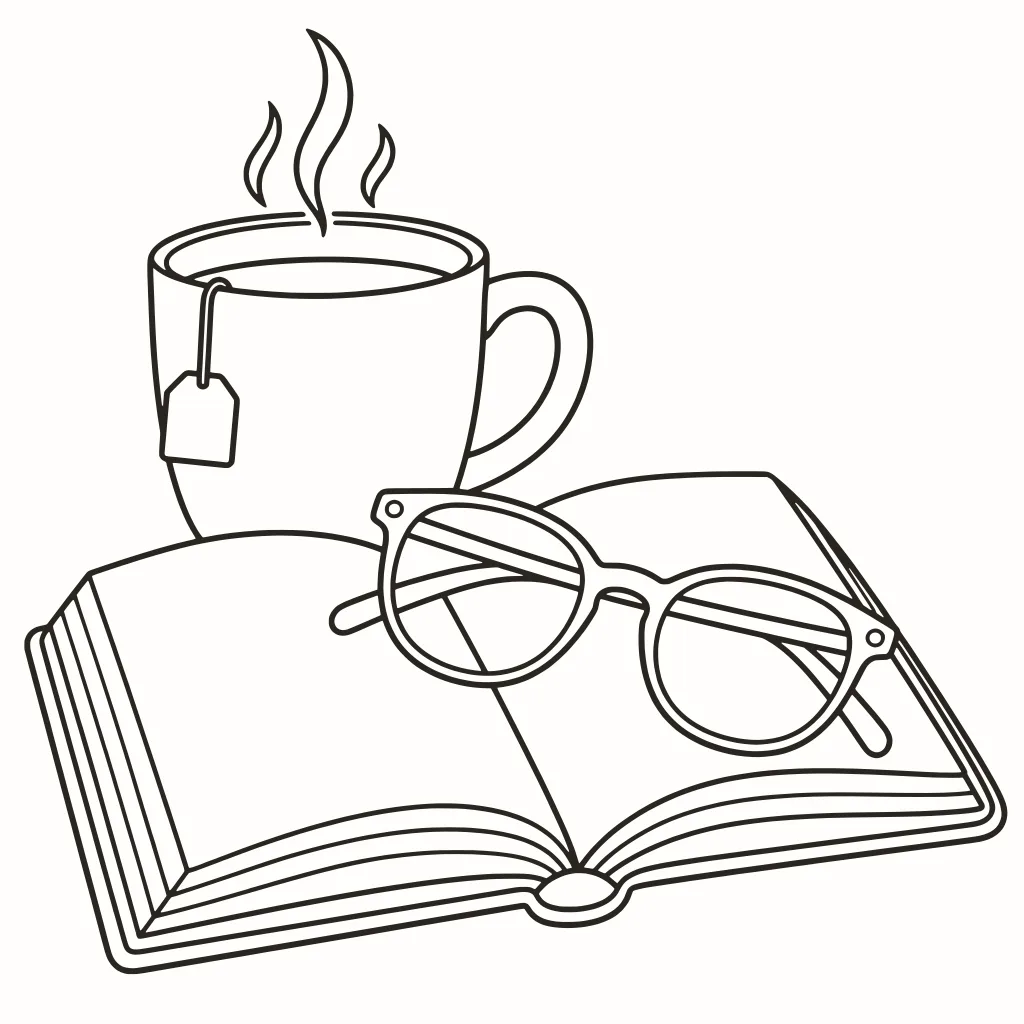 Coloriage tasse et livre, dessin au trait à imprimer