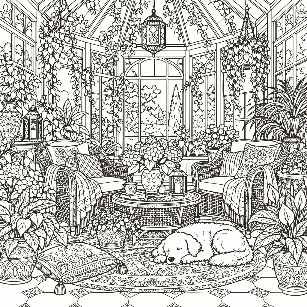 Coloriage véranda, dessin au trait à imprimer