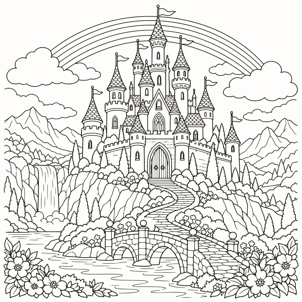 Coloriage château de fée, dessin au trait à imprimer