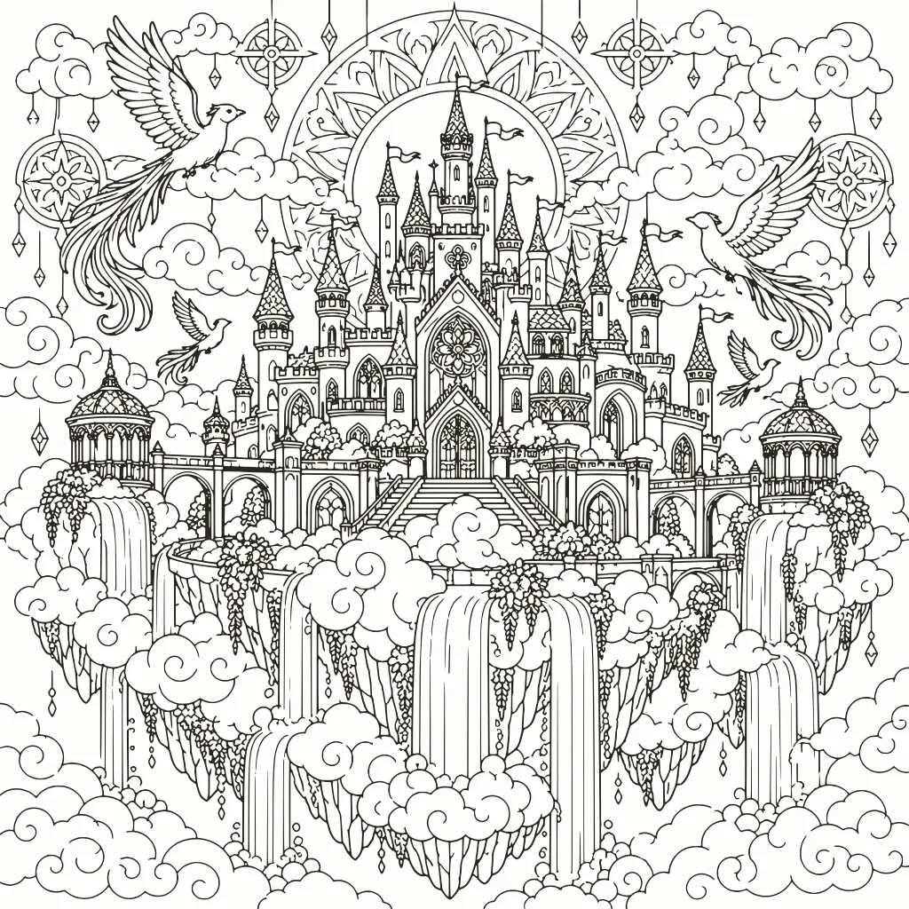 Coloriage château dans les nuages, dessin au trait à imprimer