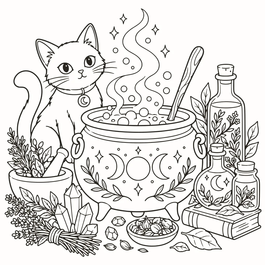 Coloriage chaudron magique, dessin au trait à imprimer
