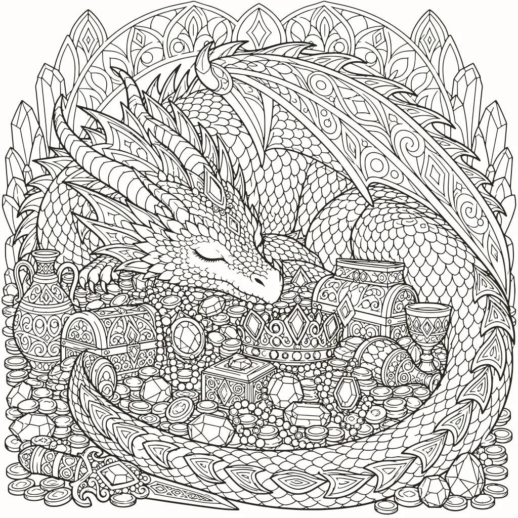 Ausmalbild Schlafender Drache, Linienzeichnung zum Ausdrucken