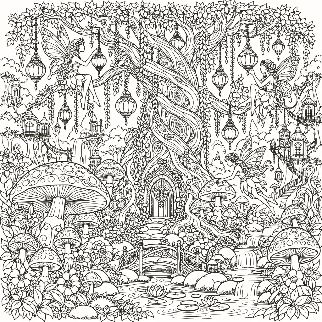 Coloriage forêt enchantée, dessin au trait à imprimer