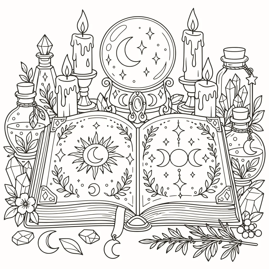 Spell book coloring page, line art to print