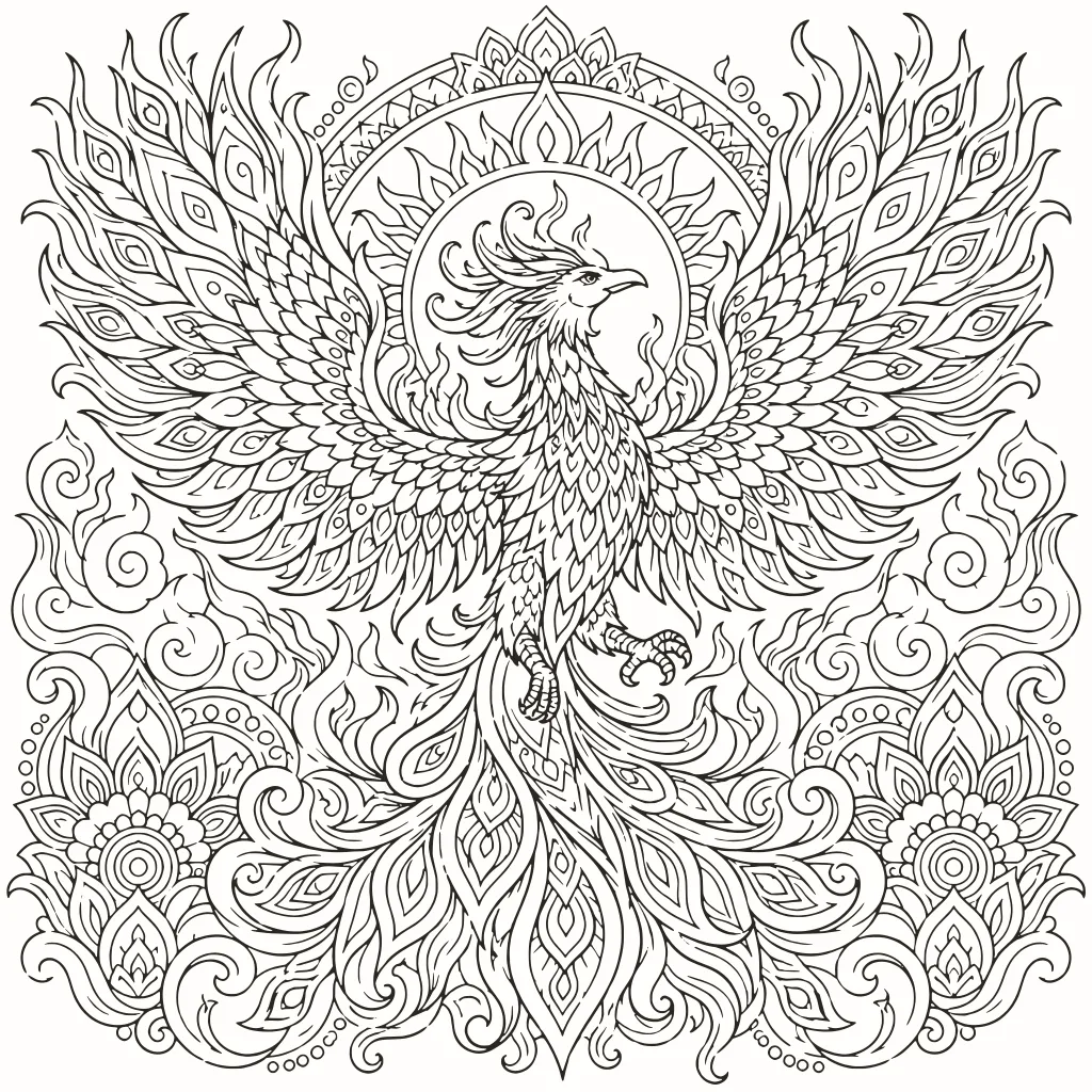 Coloriage phénix, dessin au trait à imprimer