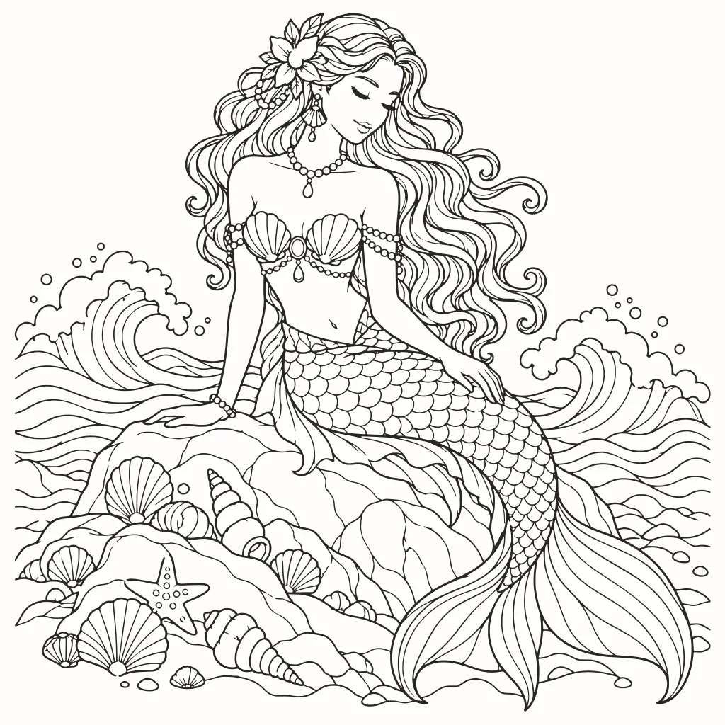 Coloriage sirène, dessin au trait à imprimer