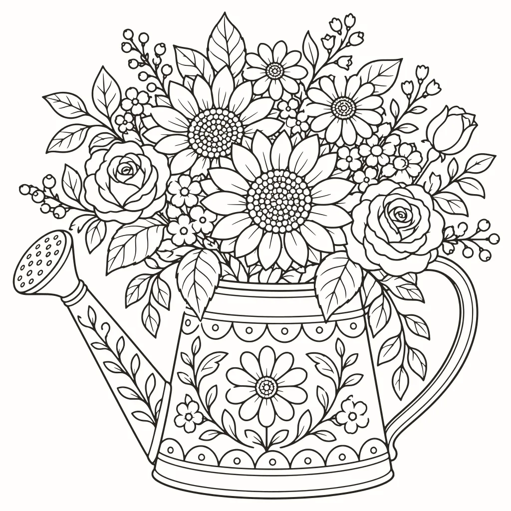 Flowery watering can coloring page, line art to print
