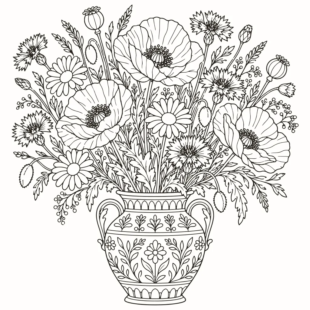 Wildflower bouquet coloring page, line art to print