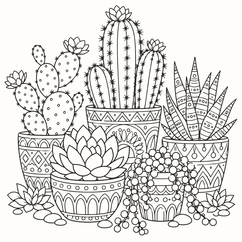 Coloriage cactus en pots, dessin au trait à imprimer
