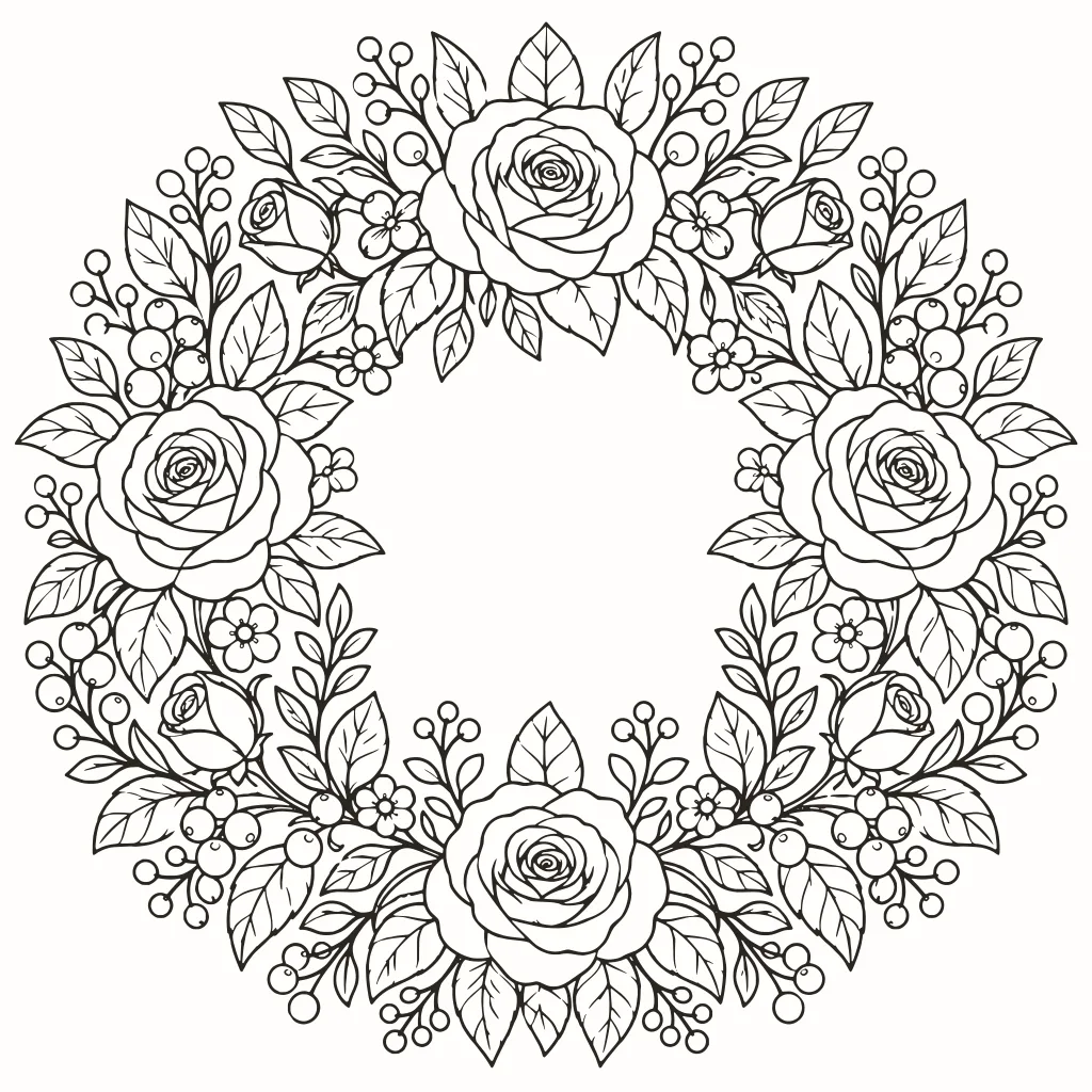 Coloriage couronne fleurie, dessin au trait à imprimer