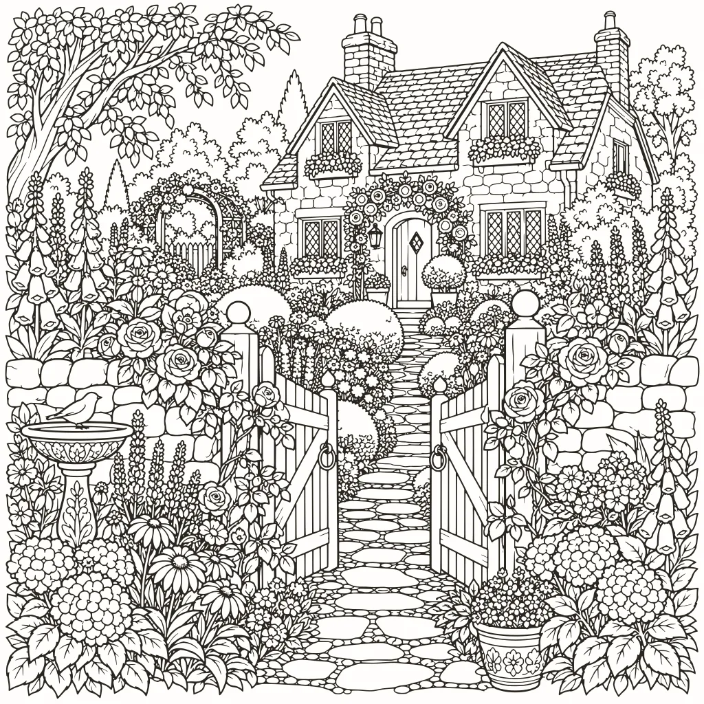 English garden coloring page, line art to print