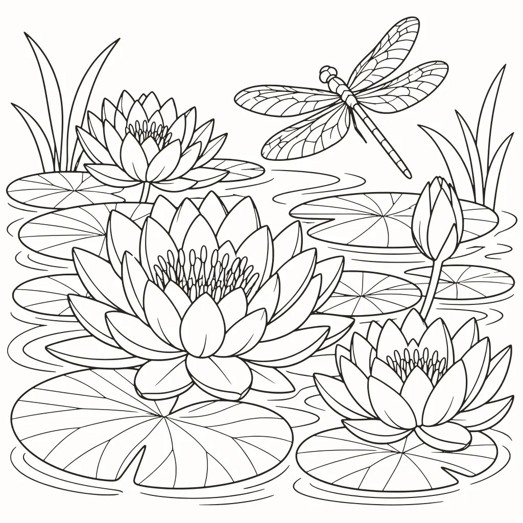 Nenúfares para colorear, dibujo de líneas para imprimir