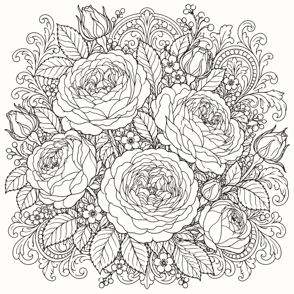 Old roses coloring page, line art to print