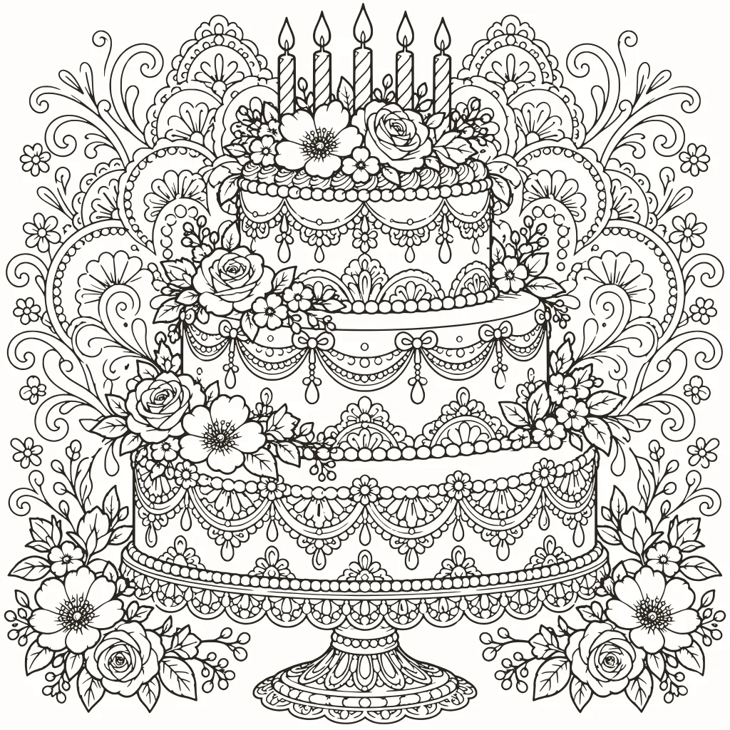 Tarta de cumpleaños para colorear, dibujo de líneas para imprimir