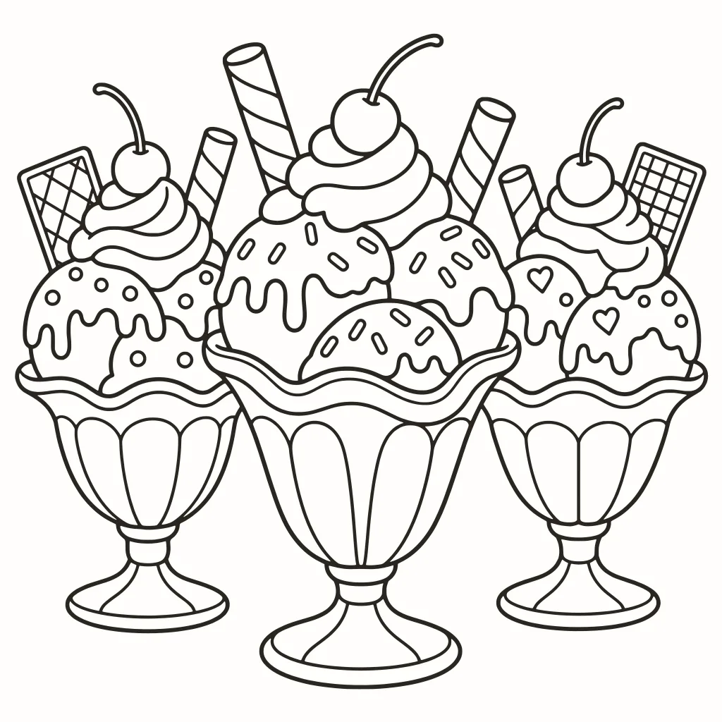 Copas de helado para colorear, dibujo de líneas para imprimir