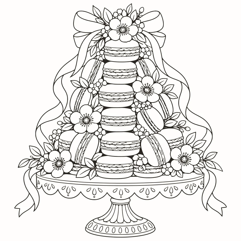 Torre di macaron da colorare, disegno al tratto da stampare
