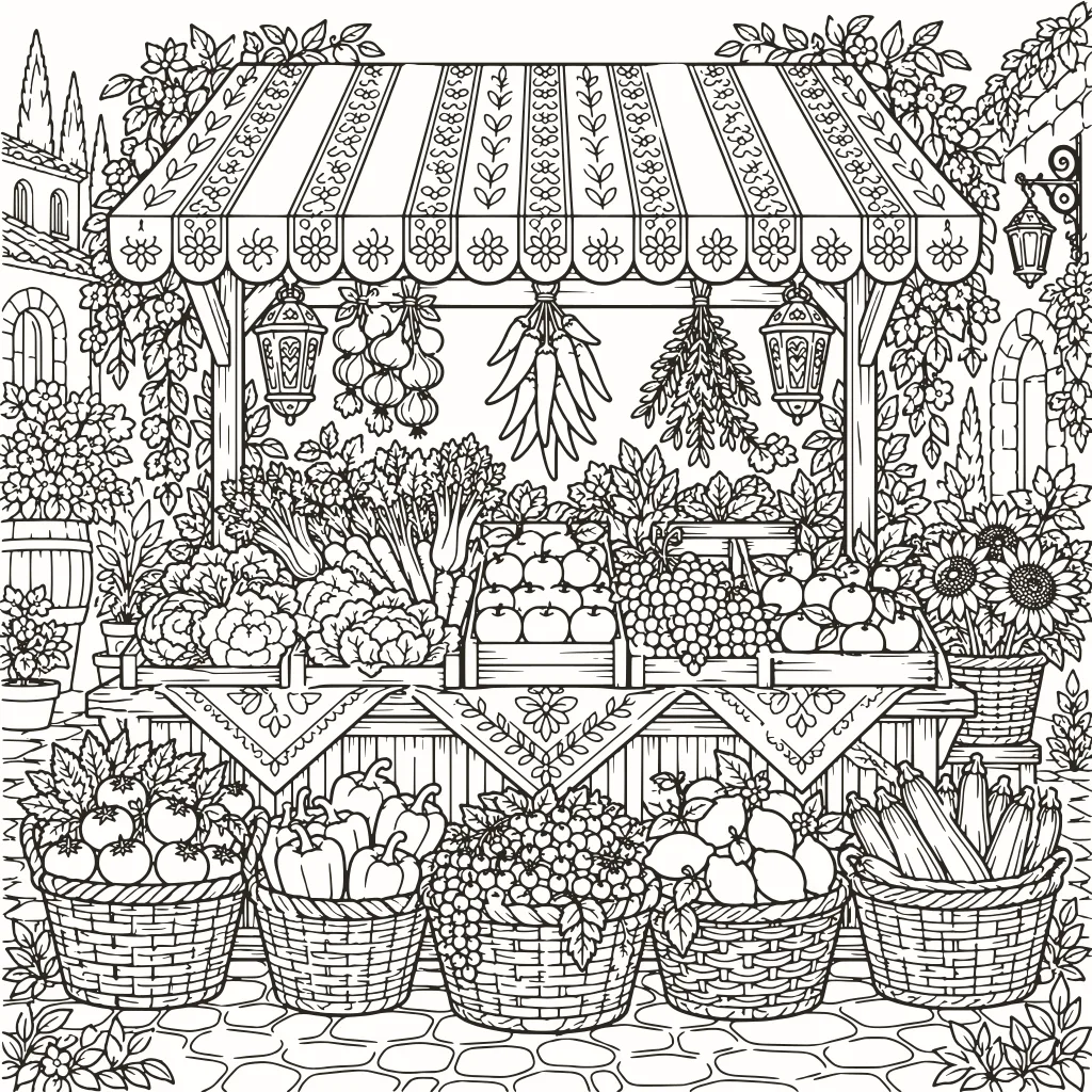 Coloriage étal du marché, dessin au trait à imprimer