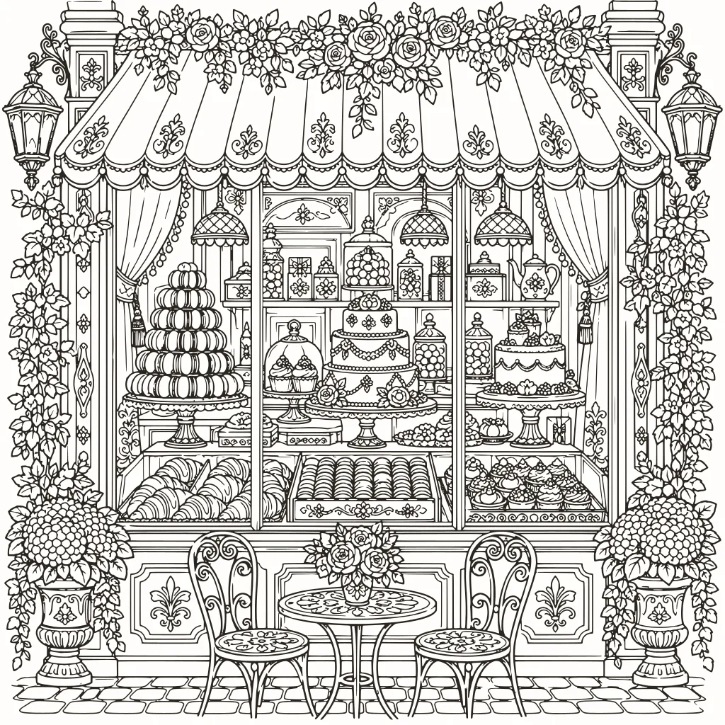 Coloriage vitrine de pâtisserie, dessin au trait à imprimer